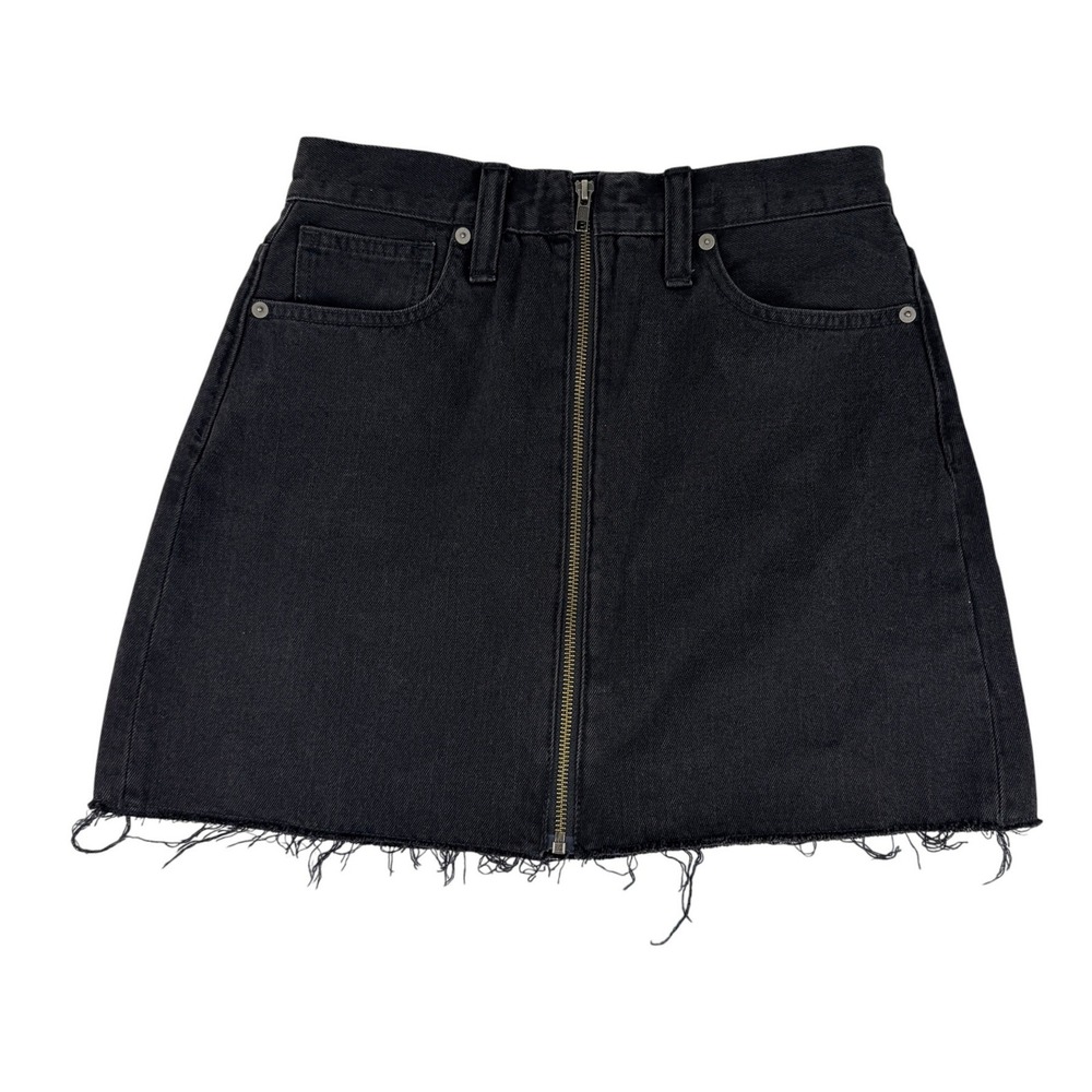 Madewell Rigid Denim A-Line Mini Skirt Washed Black‎ Raw Hem Front Zip Size 26